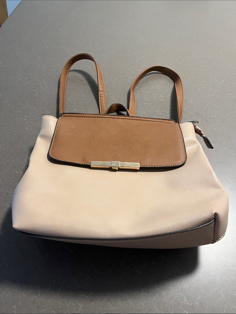 NWOT Two-Tone Beige & Brown Leather Back pack style purse 10”x 12”